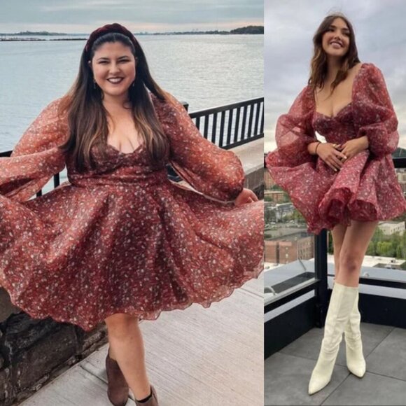 Selkie Princess Crimson Darling Red Floral Puff Sleeve Organza Mini Dress Size S - Picture 3 of 15